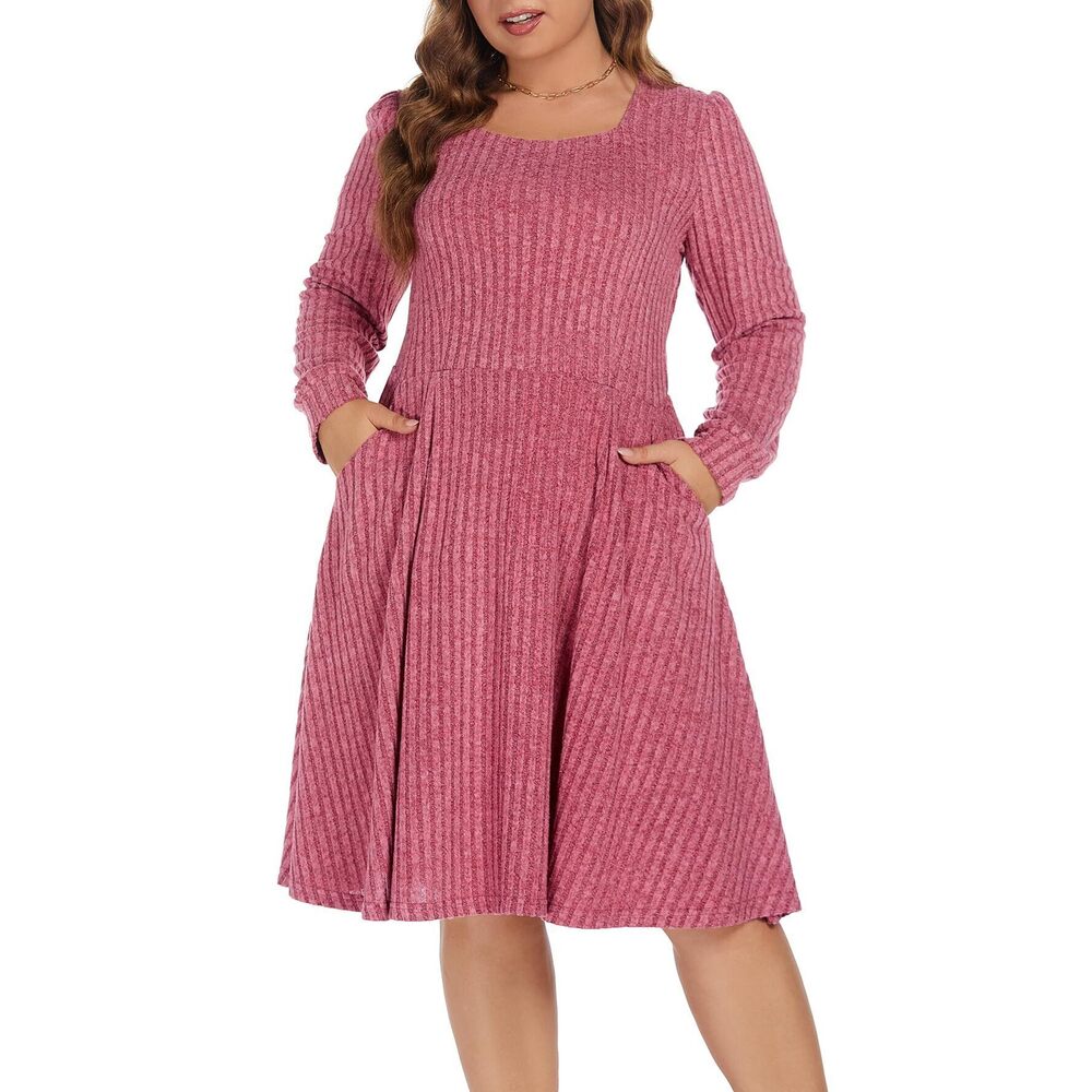 5533 Plus Size Pink Dress Elegant Classy Long Sleeve Sweater Dress Casual